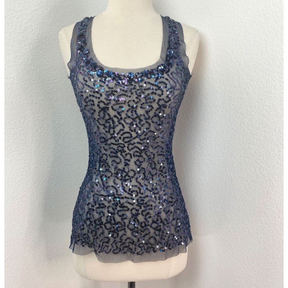 Twenty One Dark Blue Sheer Sequin and Beaded Tank Top Small Sexy Party Festival